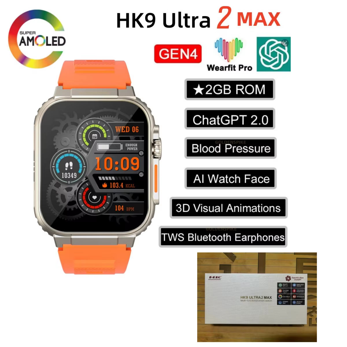 HK9 Ultra 2 Max Gen 4 AMOLED Smart Watch 2GB ROM NFC Compass Chatgpt Photo Album Connect TWS Smart Watch for Men Women 2024 New